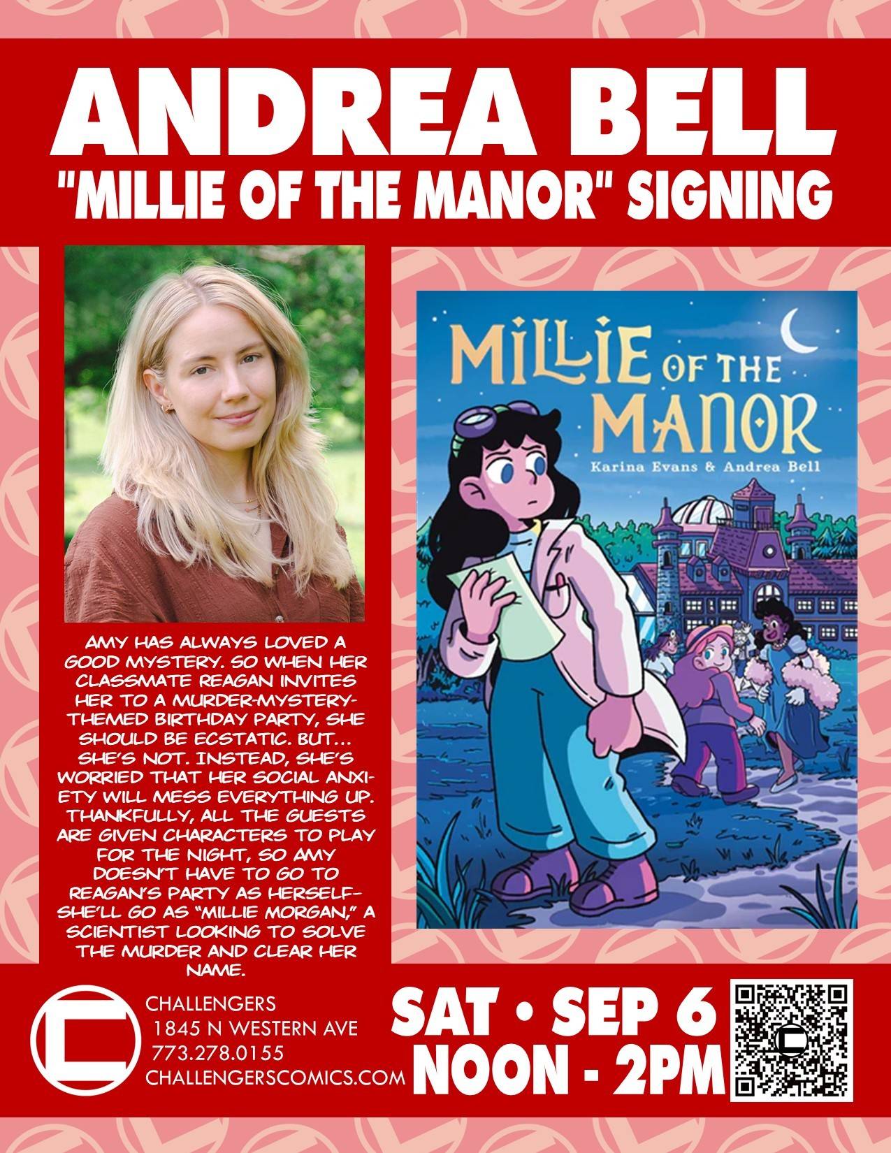 Promotional poster for Andrea Bell's "Millie of the Manor" signing event, featuring the book cover, event details, and a photo of the author.