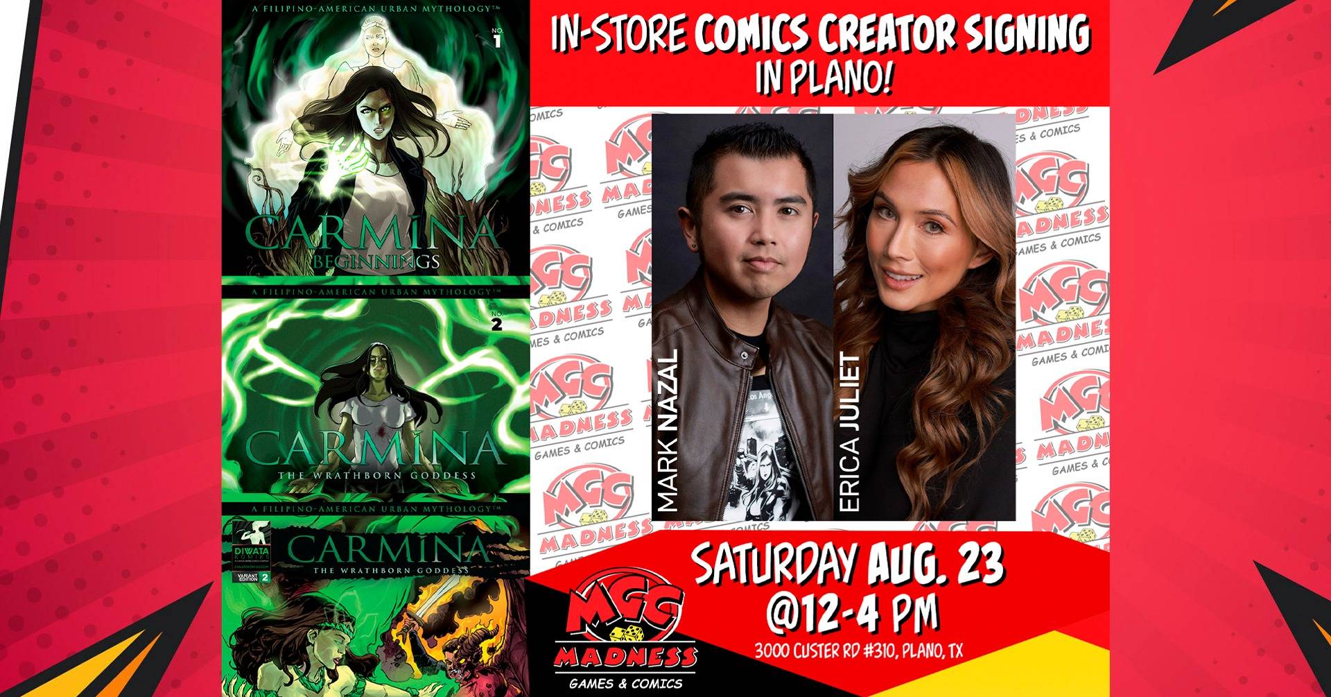 Promotional poster for an in-store comics creator signing in Plano, featuring Mark Nazal and Erica Juliet, with images of three "Carmina" comic book covers. Event is Saturday, Aug. 23, 12-4 PM.