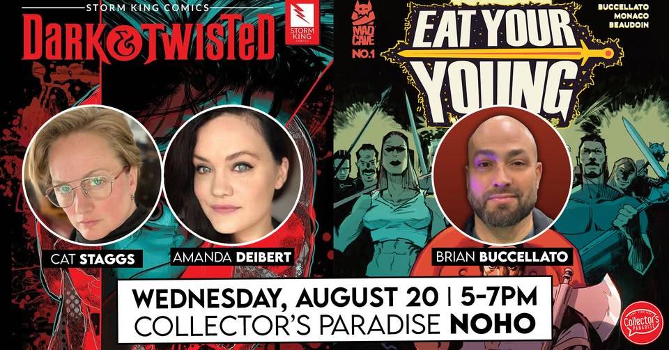 Promotional poster for a comic signing event featuring Cat Staggs, Amanda Deibert, and Brian Buccellato on August 20, 5-7 PM at Collector's Paradise NOHO.