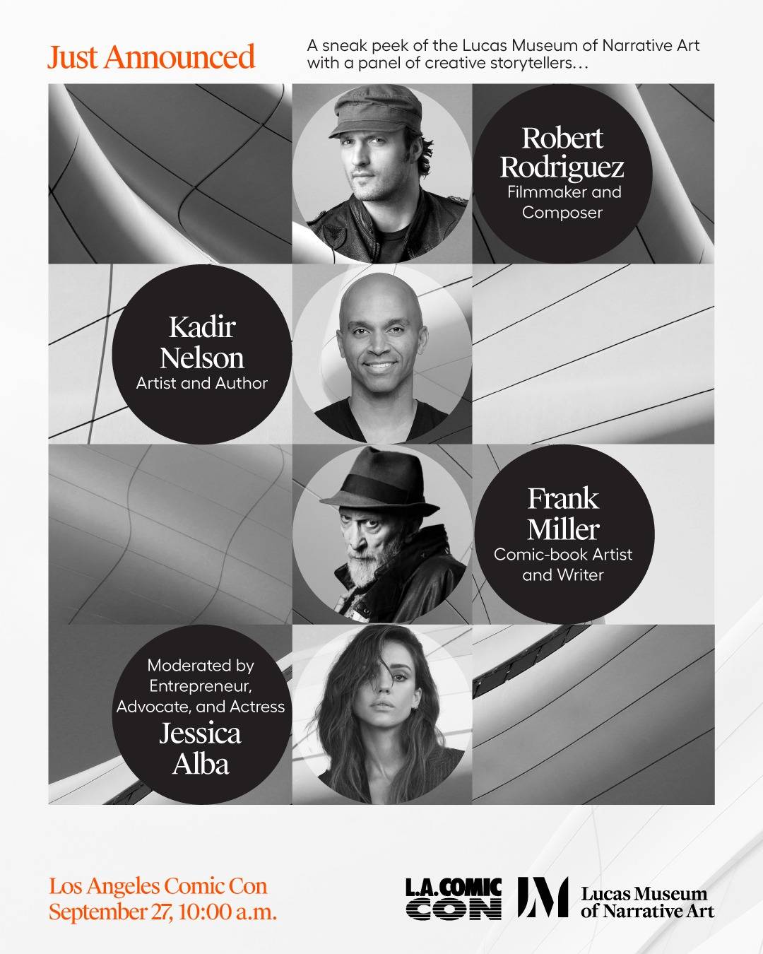 Promotional poster for a Lucas Museum of Narrative Art panel at LA Comic Con, featuring Robert Rodriguez, Kadir Nelson, Frank Miller, and moderator Jessica Alba.