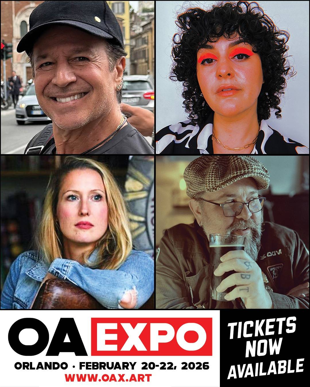 A promotional poster for OA Expo features portraits of four people and event details: Orlando, February 20-22, 2025, with a website link and “Tickets Now Available” text.