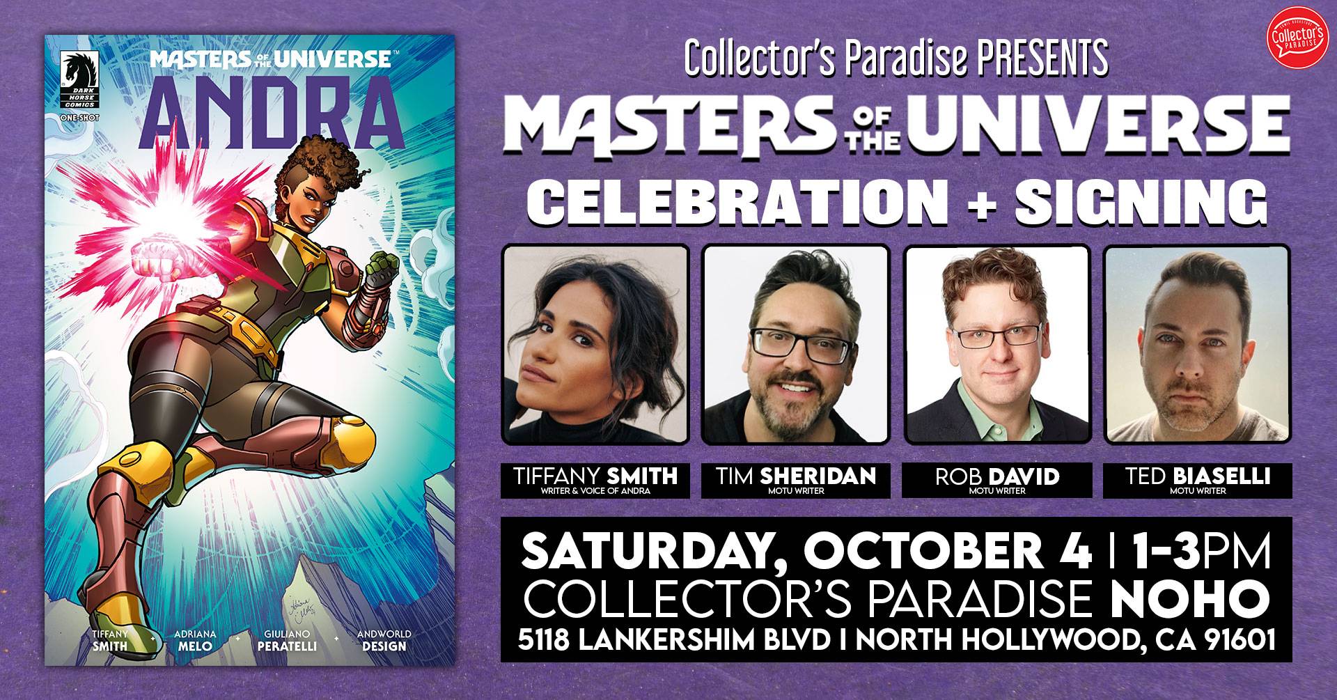 Promotional poster for a Masters of the Universe event featuring comic cover art of Andra, guest photos, event details, date, time, and location at Collector's Paradise NOHO.