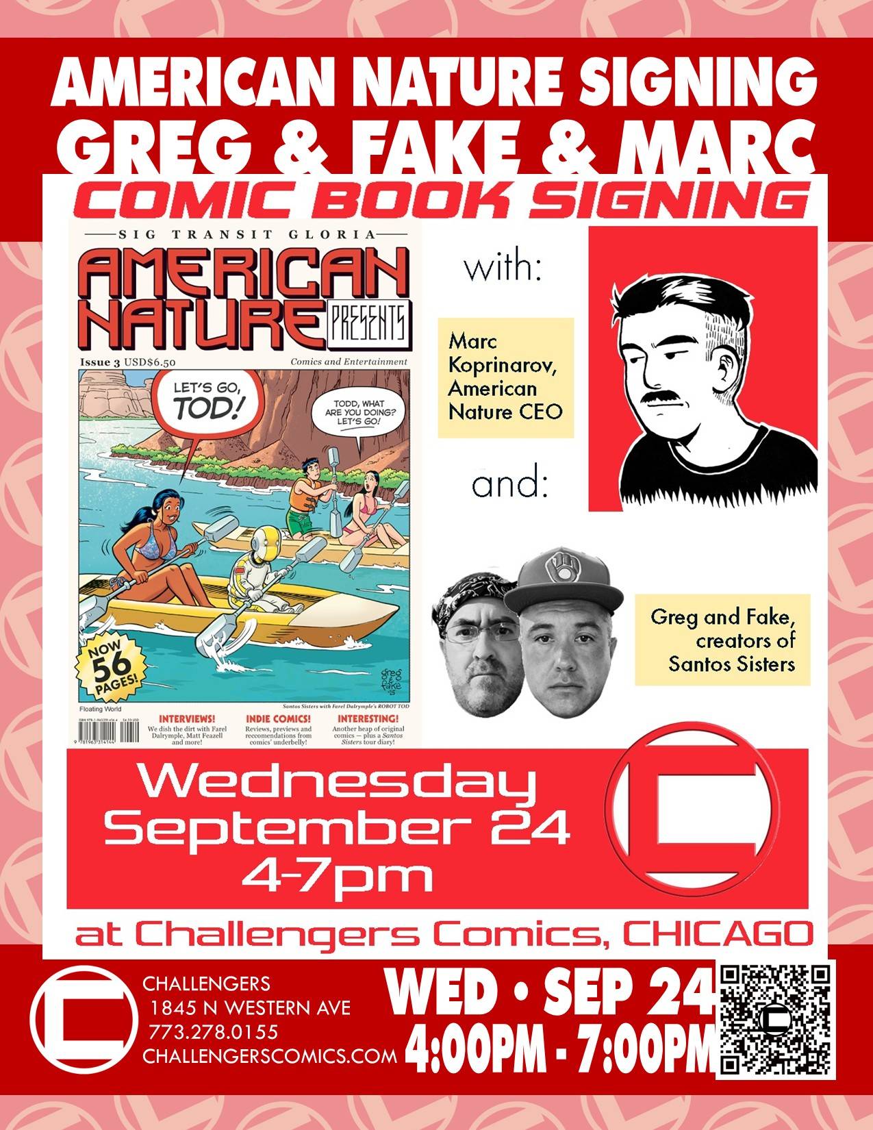 Promotional poster for American Nature comic book signing event with Greg & Fake and Marc Koprinarov, at Challengers Comics in Chicago on Wednesday, September 24, 4-7pm.