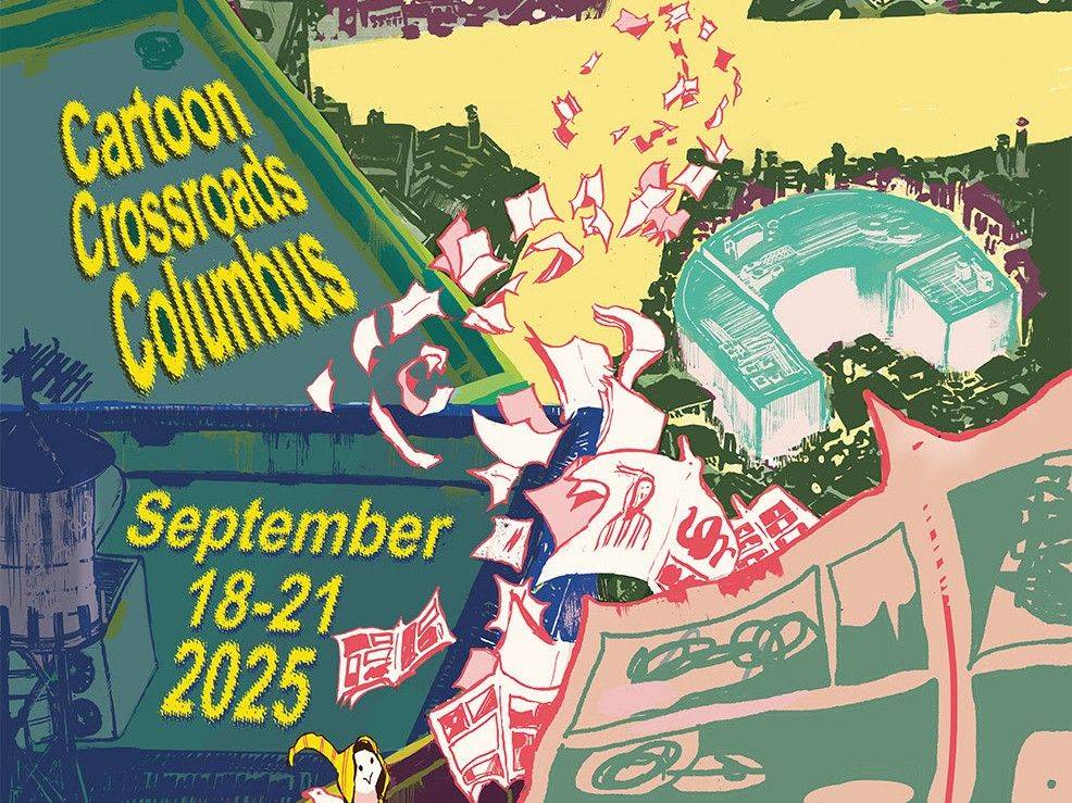 Illustrated poster for Cartoon Crossroads Columbus, showing papers flying over a cityscape. Text reads: "September 18-21, 2025.