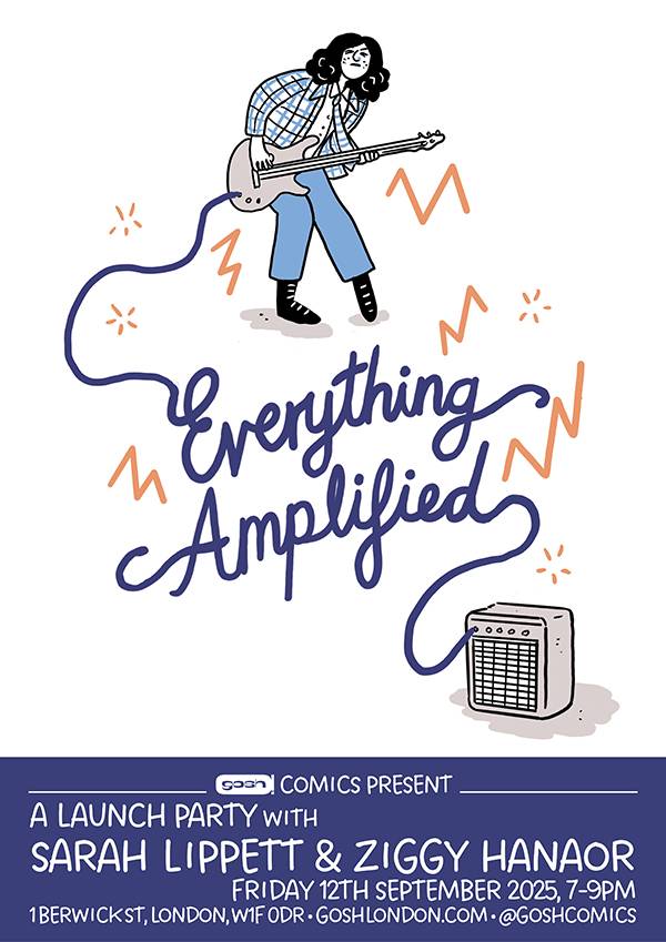 Illustration of a person playing an electric guitar with sound waves, an amp, and text reading "Everything Amplified." Event details for a comic launch party are shown at the bottom.
