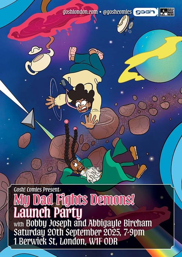 Illustrated poster for "My Dad Fights Demons! Launch Party" shows two characters falling among asteroids in space, with event details at the bottom.