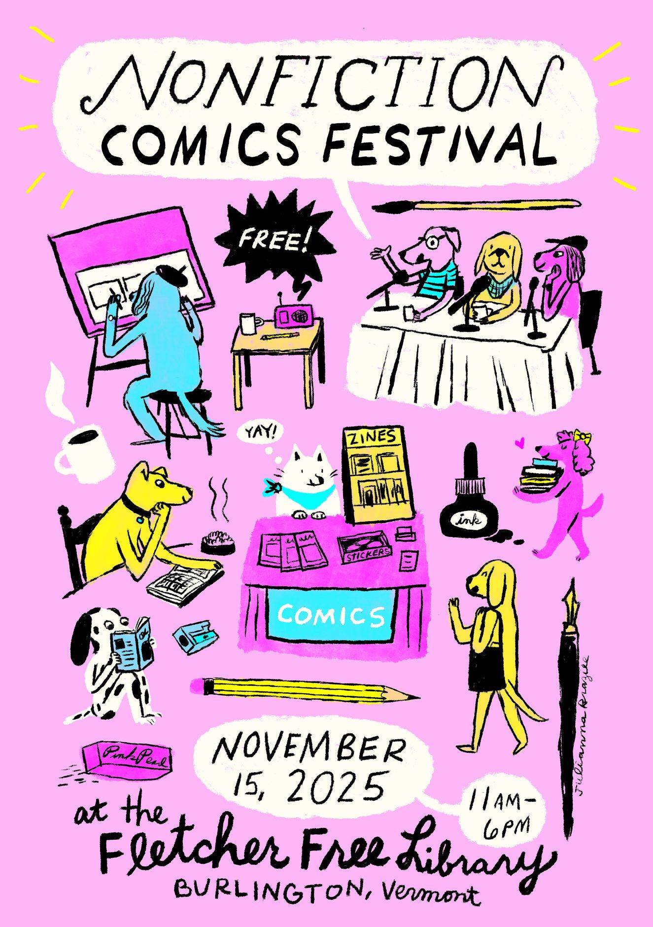 Illustrated poster for the Nonfiction Comics Festival on November 15, 2025, at Fletcher Free Library, Burlington, Vermont; event runs 11am–6pm, features zines, comics, and free entry.