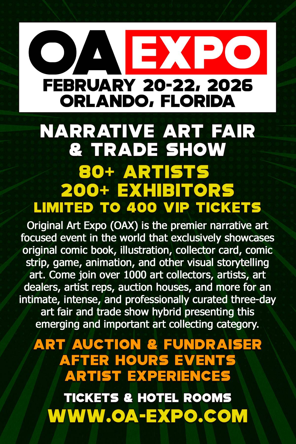 Promotional poster for OA Expo 2026 in Orlando, Florida, detailing event dates, features, VIP tickets, and website for more information.