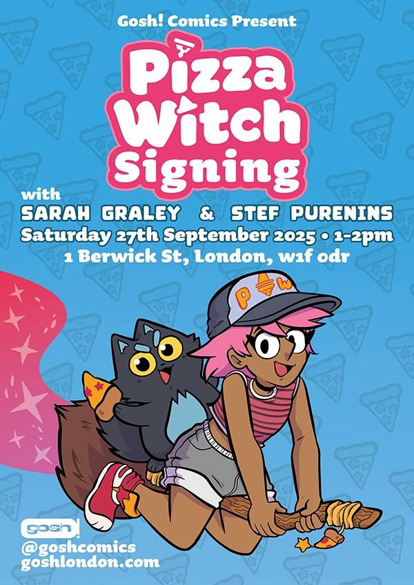 Promotional poster for a Pizza Witch signing event with Sarah Graley and Stef Purenins; features a cartoon girl and cat holding pizza, event details listed below.