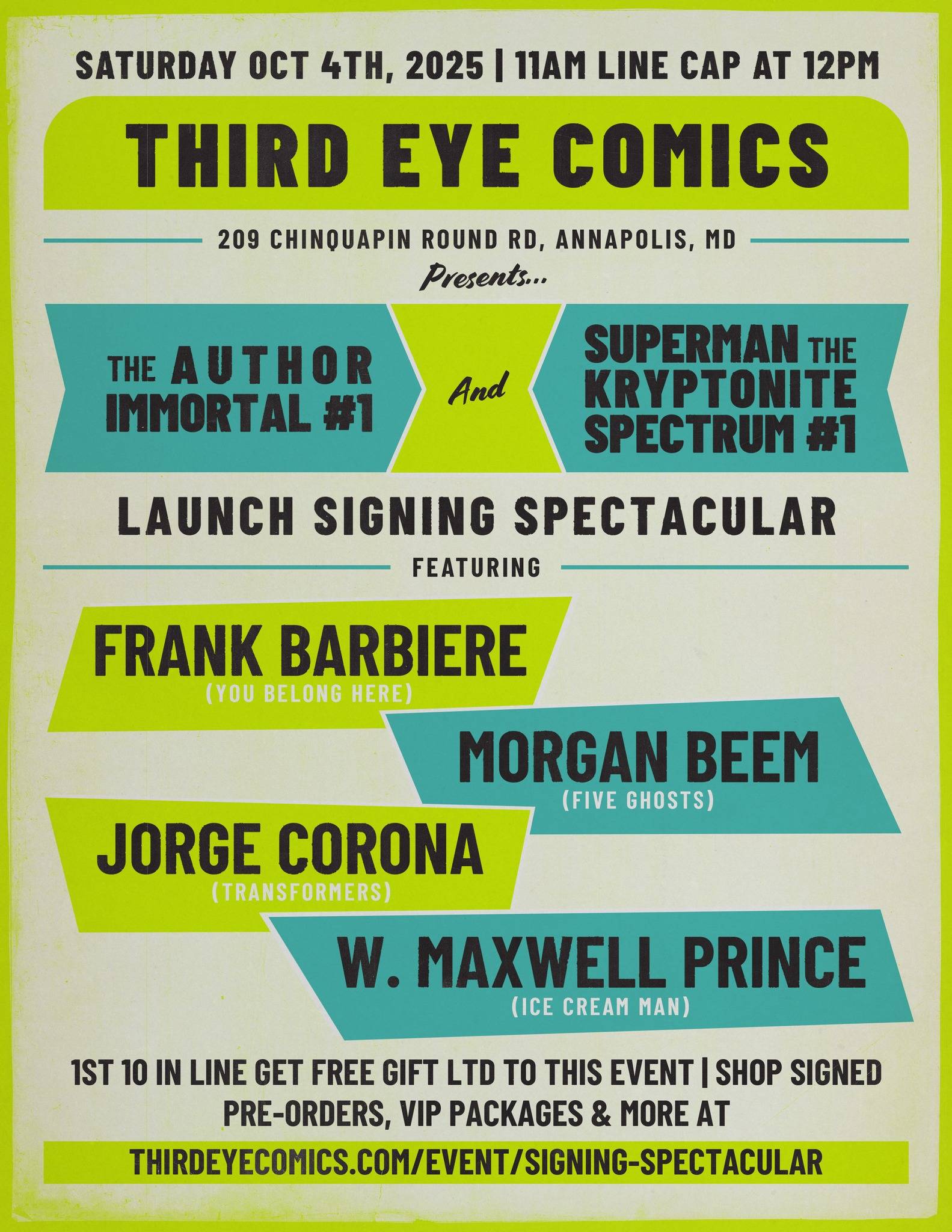 Promotional poster for a comic signing event at Third Eye Comics in Annapolis, MD, on Oct 4th, 2025, featuring multiple authors and artists.