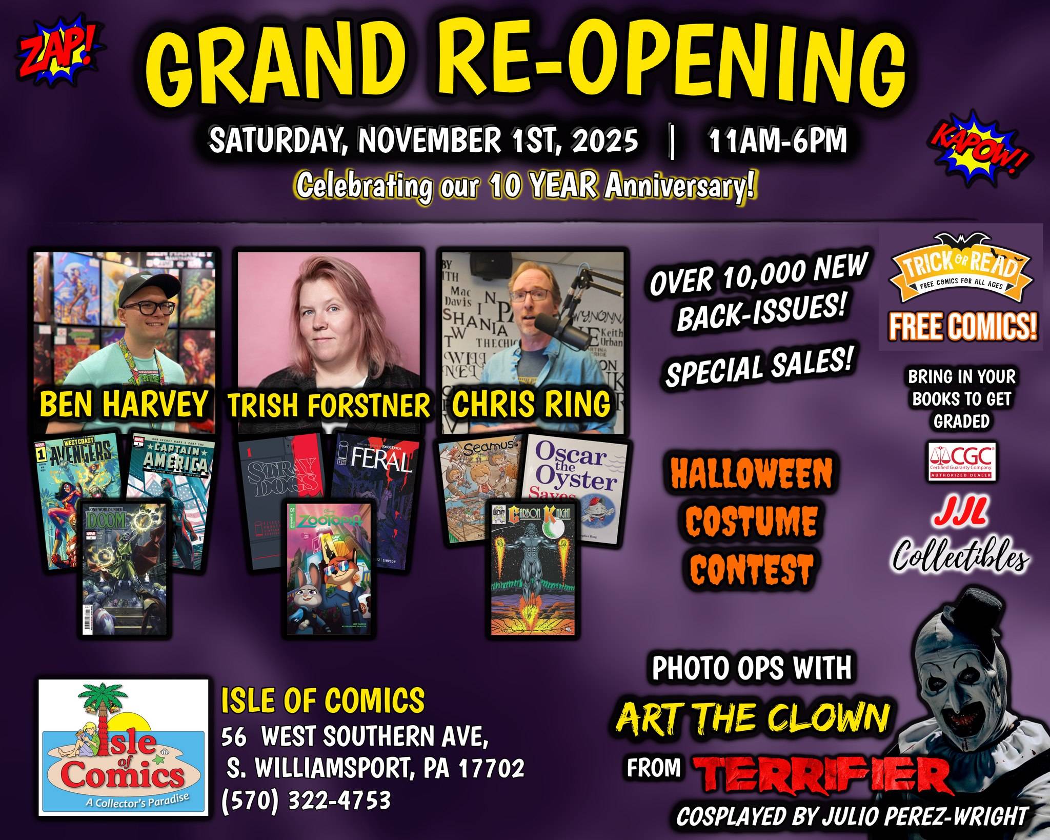 Flyer for Isle of Comics' Grand Re-Opening on November 1, 2025, featuring comic artists, free comics, a costume contest, and photo ops with Art the Clown.