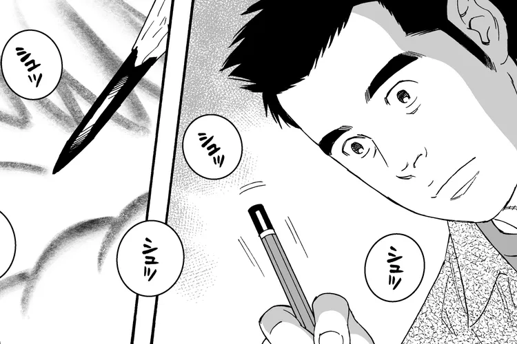 A person draws with a pen, focusing intently; Japanese sound effect characters surround the scene in black-and-white manga style.