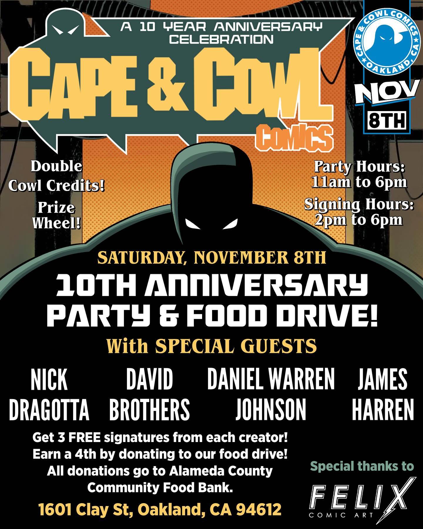 Poster for Cape & Cowl Comics’ 10th Anniversary Party & Food Drive on November 8th in Oakland, featuring special guests and free signatures with food donations.