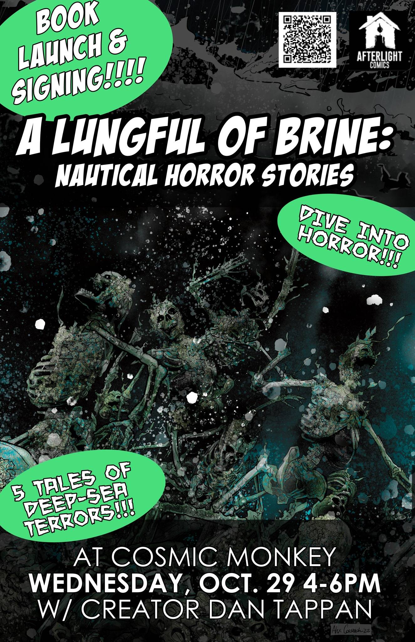 Book launch poster for "A Lungful of Brine: Nautical Horror Stories" featuring skeletons underwater with event details for a signing on Wednesday, Oct. 29 at Cosmic Monkey.