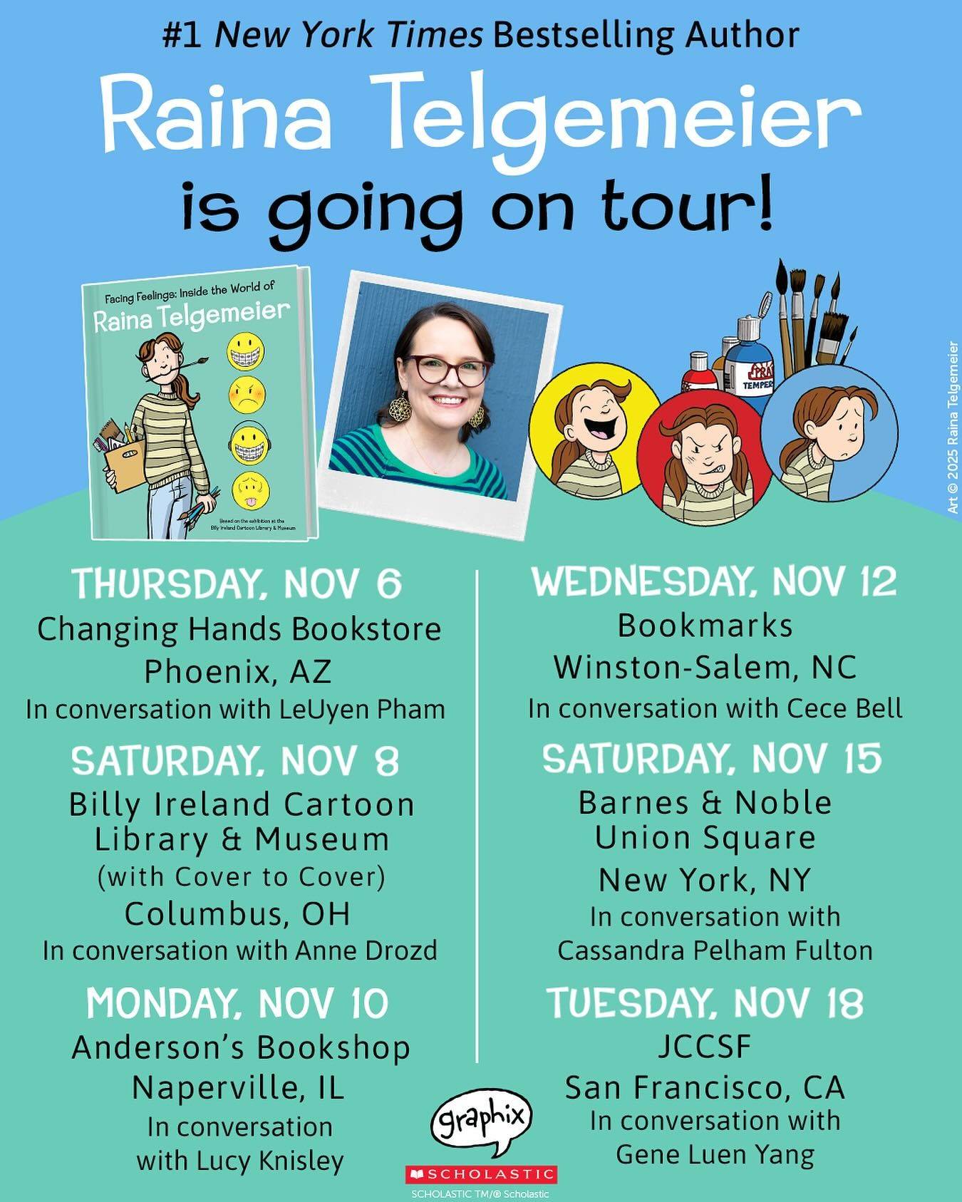 Tour poster for author Raina Telgemeier featuring her photo, book cover, and a schedule of book tour dates, locations, and conversation partners for November events.