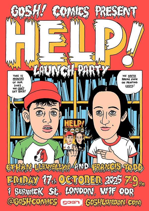 Illustrated poster for a comic launch party featuring two cartoon characters, event details, and comic book cover art with bold yellow "HELP!" text in the background.