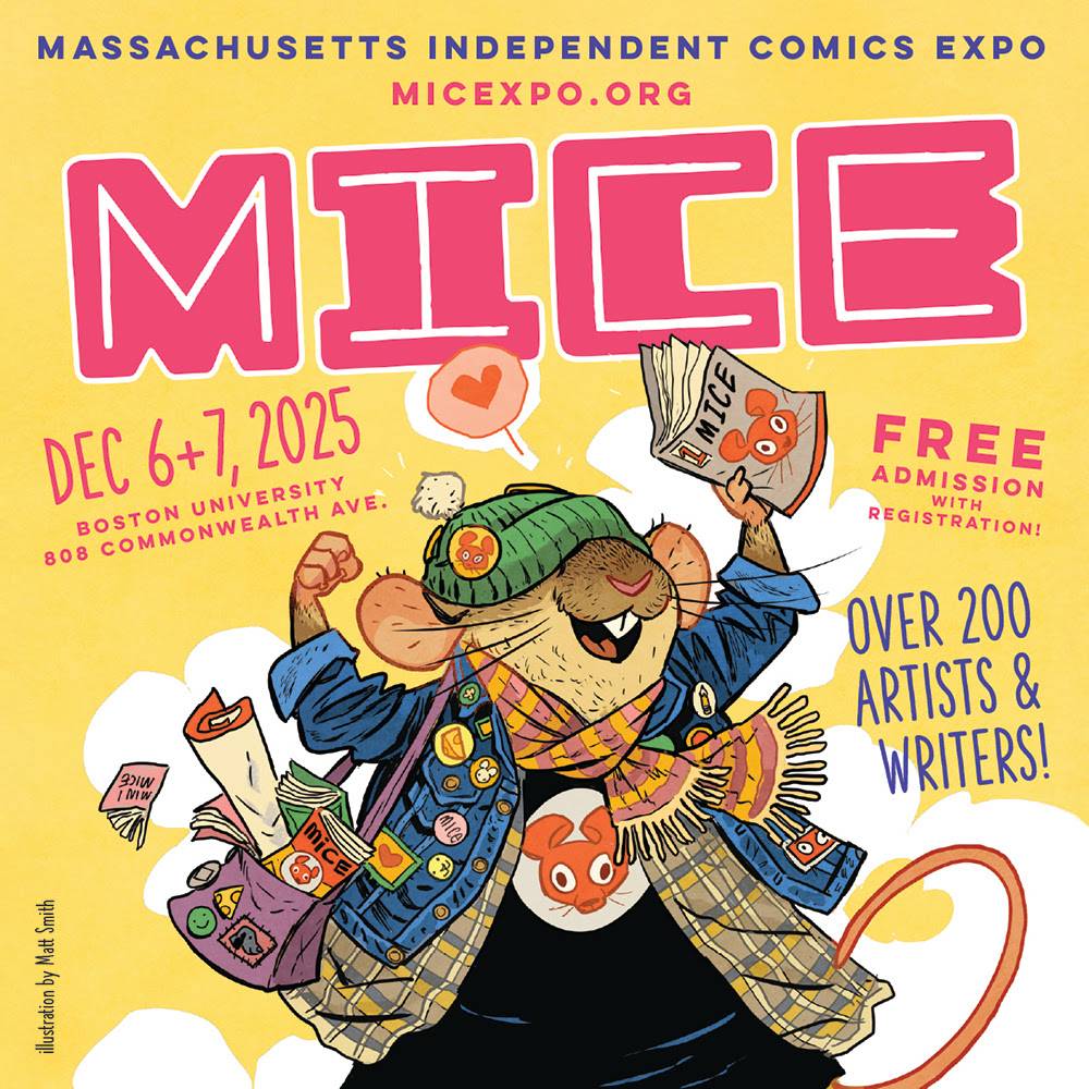 Illustration of a mouse in colorful clothing holding comics, promoting Massachusetts Independent Comics Expo on Dec 6–7, 2025, at Boston University. Free admission with registration.