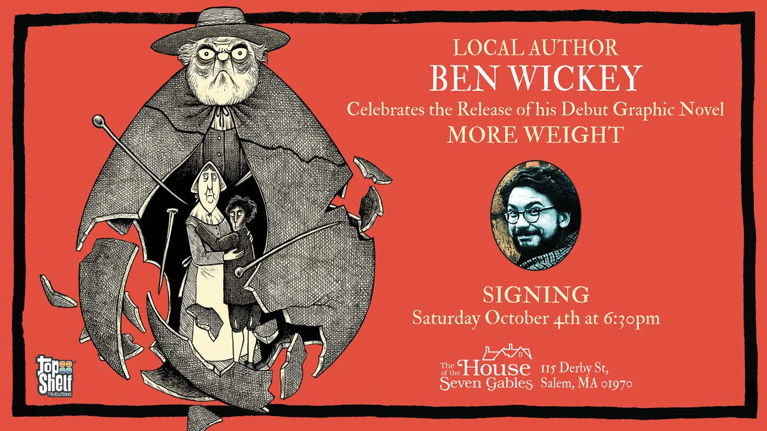 Illustrated event poster for Ben Wickey’s graphic novel "More Weight" book signing, showing a large figure looming over three people, with event details on a red background.