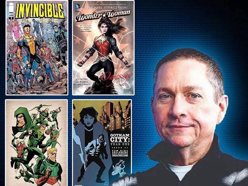 A man poses in front of a blue background. Surrounding him are four comic book covers, including "Invincible," "Wonder Woman: Odyssey," "Gotham City: Year One," and "Green Arrow.