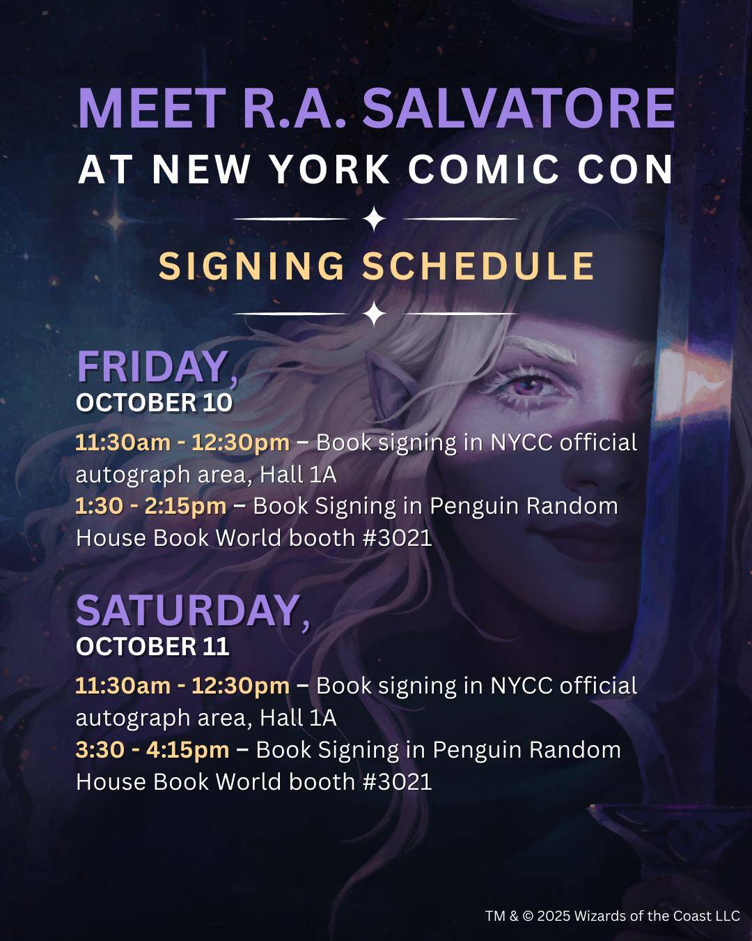 New York Comic Con signing schedule for R.A. Salvatore with dates, times, and locations on a purple background with a fantasy illustration.