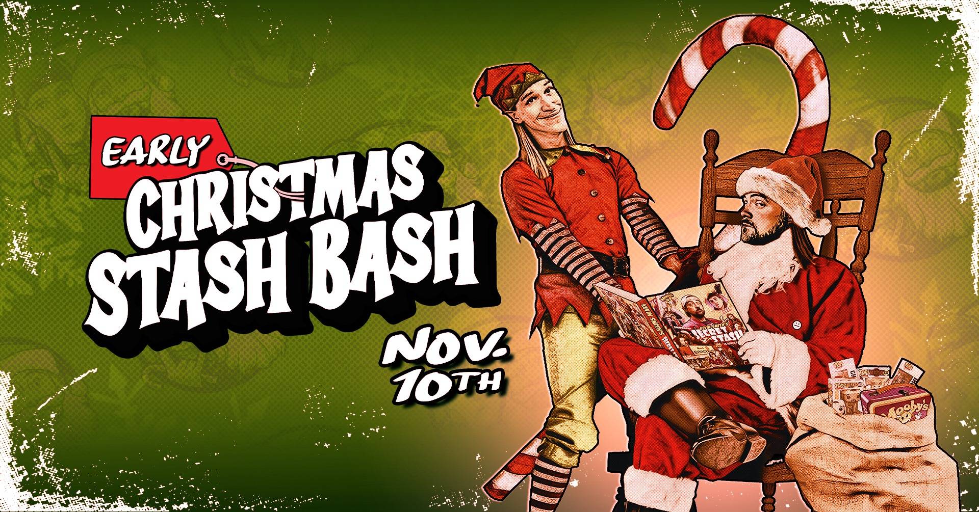 Illustration of two people in Christmas costumes; one dressed as Santa reading a magazine, the other as an elf. Text reads: "Early Christmas Stash Bash, Nov. 10th.