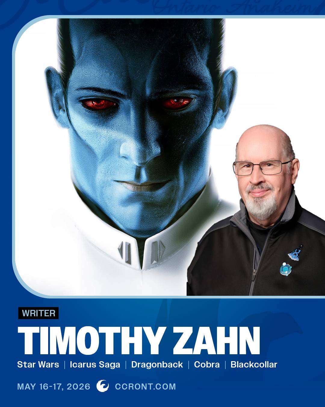 A portrait of Timothy Zahn is shown beside an illustration of the blue-skinned, red-eyed character Thrawn. Event details and book titles are listed below.