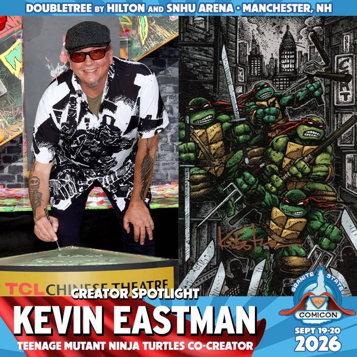 Kevin Eastman, co-creator of Teenage Mutant Ninja Turtles, smiles while signing artwork at a convention booth, with TMNT graphic art displayed beside him.