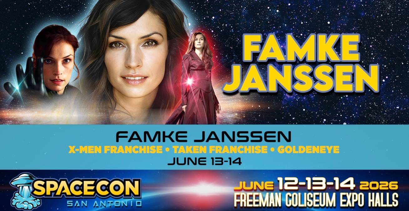 Promotional banner for SpaceCon San Antonio 2026 featuring actress Famke Janssen, with event dates June 12-14 at Freeman Coliseum Expo Halls.