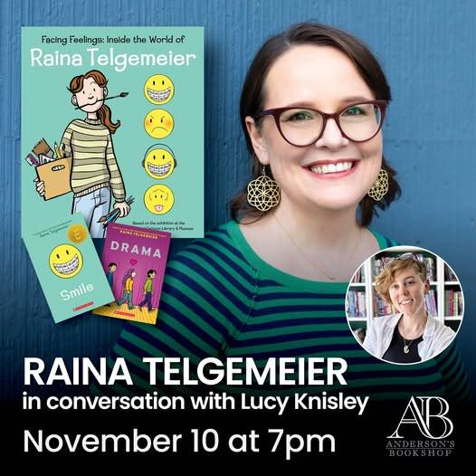 Promotional graphic for "Raina Telgemeier in conversation with Lucy Knisley" event at Anderson's Bookshop on November 10 at 7pm, featuring photos of both authors and book covers.