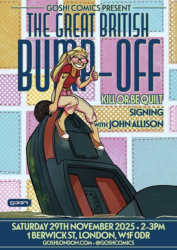 Comic book promotional poster featuring a cartoon girl with glasses sitting on a large statue head. Text announces "The Great British Bump-Off" signing event with John Allison in London, November 29, 2025.