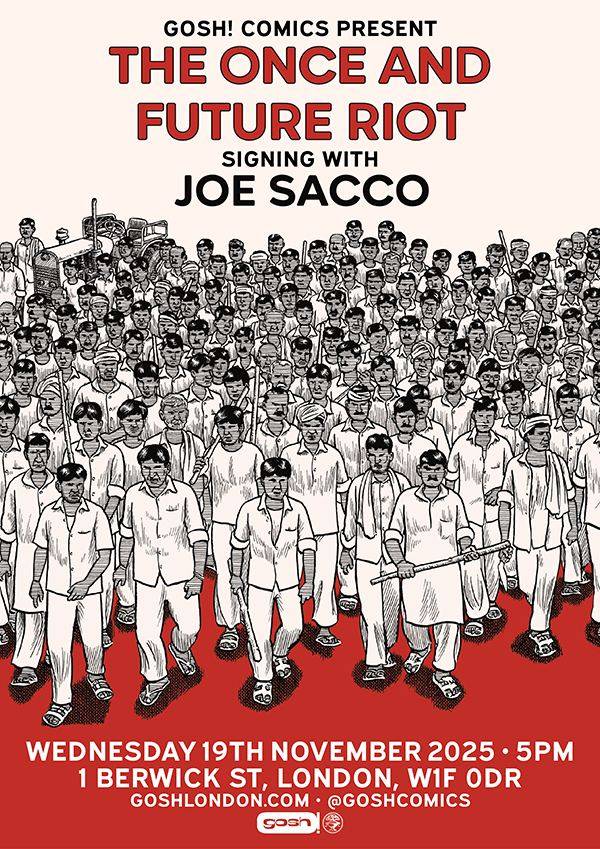 Poster for a Gosh! Comics event featuring a large illustrated crowd with one person in front; text promotes a signing by Joe Sacco on November 19, 2025, in London.