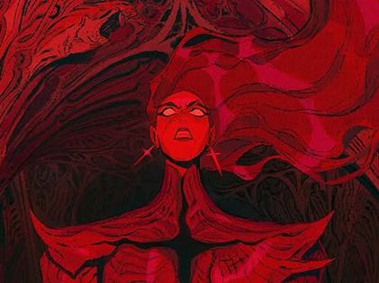 A stylized figure with glowing eyes and flowing hair appears in a dramatic red and black environment, wearing an intricate, organic-looking outfit.