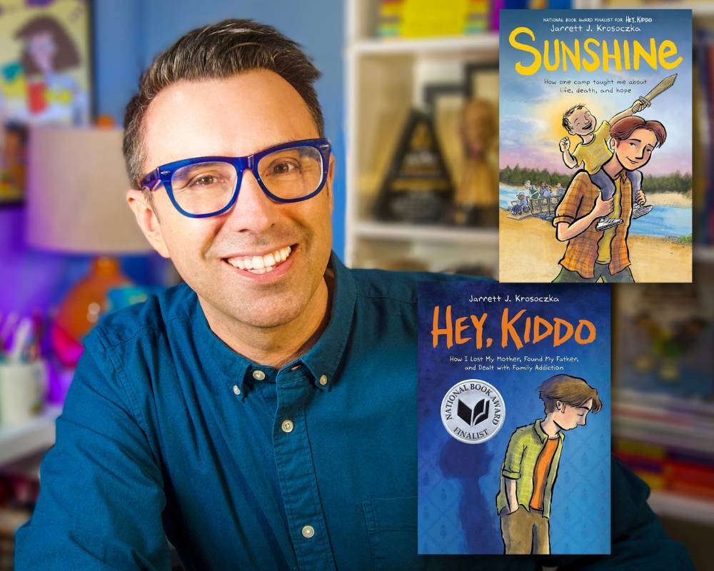 A man with glasses smiles at the camera, with the covers of two books, "Sunshine" and "Hey, Kiddo," displayed beside him.