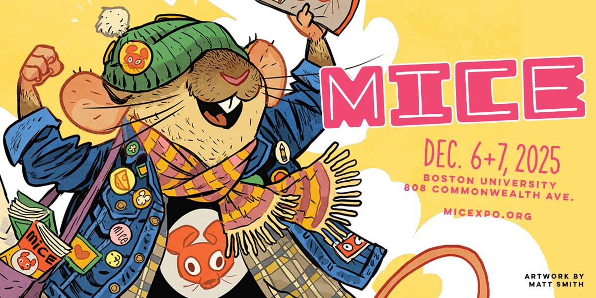 Illustration of an excited cartoon mouse in winter clothes holding comics, promoting the MICE event at Boston University on December 6–7, 2025.
