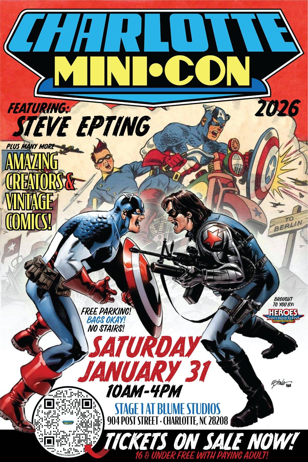 Poster for Charlotte Mini-Con 2026 featuring two comic book characters fighting, with event details for Saturday, January 31, at Stage 1 at Blume Studios, Charlotte, NC.