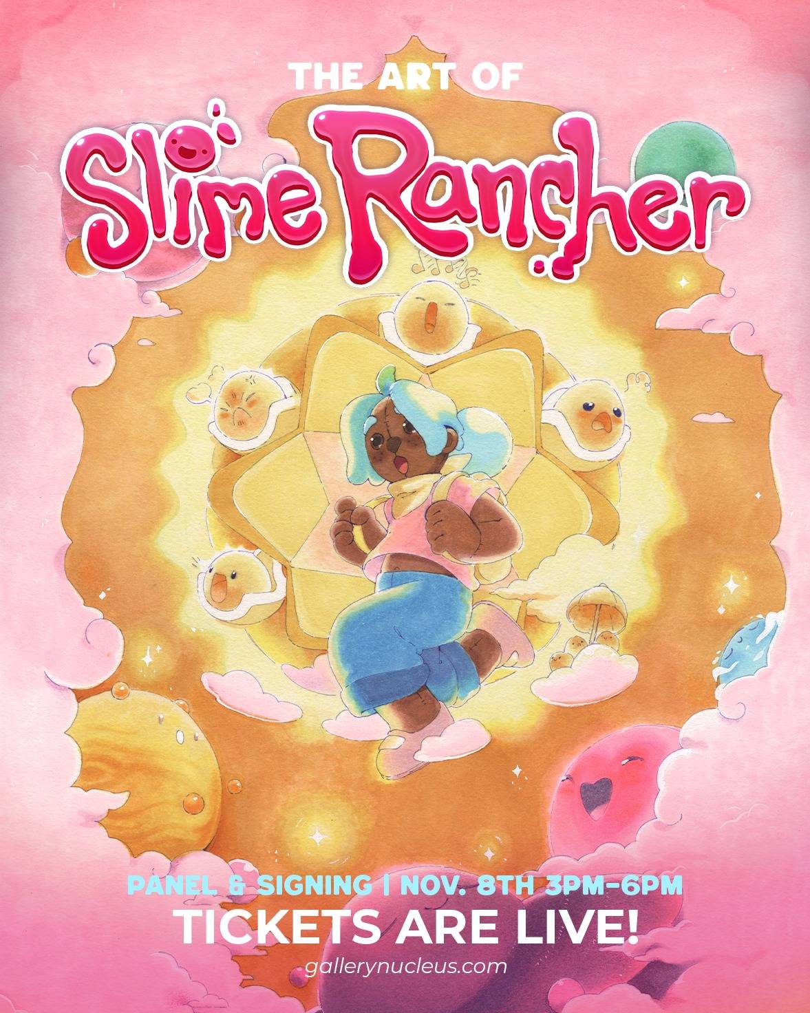 Poster for "The Art of Slime Rancher" event showing a character surrounded by slime creatures, with event details and ticket information at the bottom.