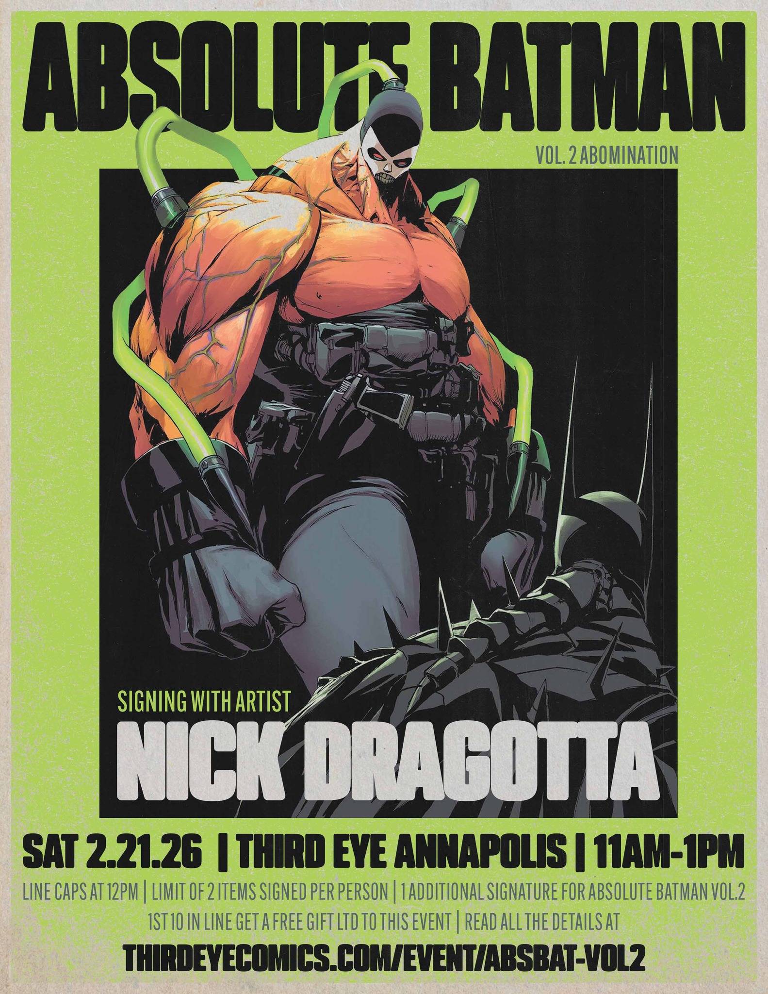 Comic-style illustration of Bane holding Batman over his knee. Event details for a Nick Dragotta signing at Third Eye Annapolis on February 21, 2026, are displayed.
