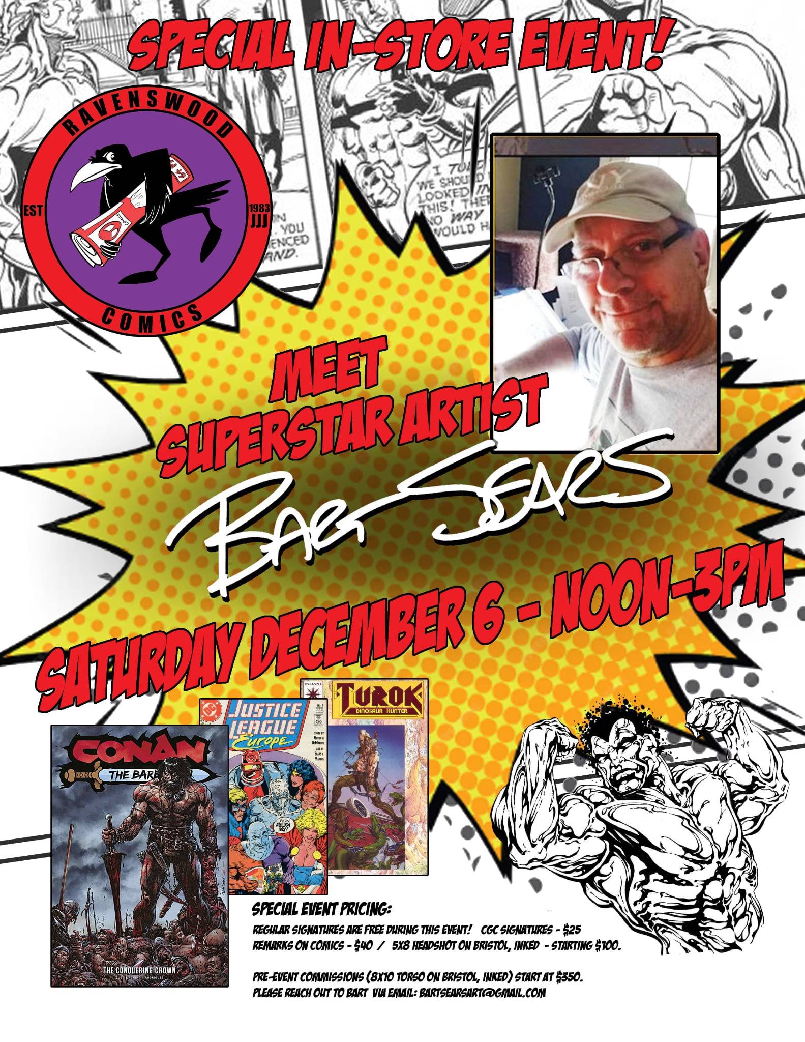 Promotional poster for a Ravenswood Comics in-store event featuring artist Bart Sears on Saturday, December 6, from noon to 3pm, with images of comic book covers and event pricing details.