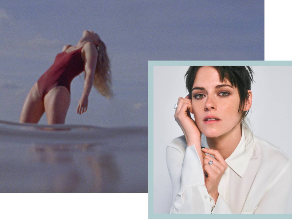 A woman in a red swimsuit leans back in water; inset shows another woman with short dark hair wearing a white shirt, resting her chin on her hand.