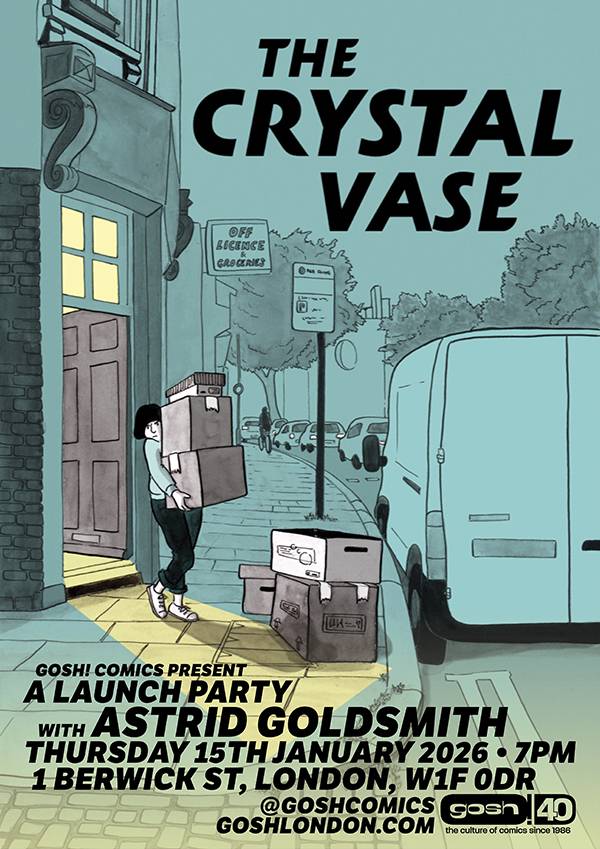 A person carries boxes into a building with a sign reading "Off Licence Groceries" as a second person waits by a white van. Event details for "The Crystal Vase" launch party are displayed.