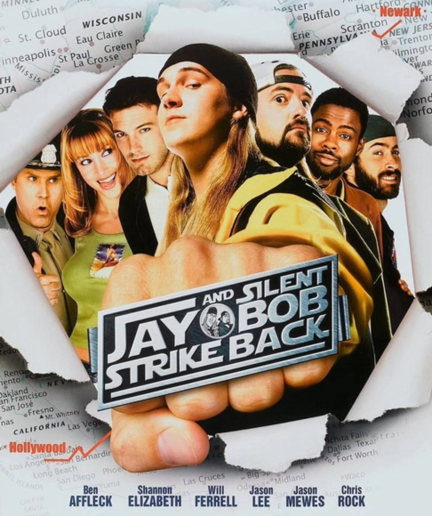 Movie poster for "Jay and Silent Bob Strike Back" featuring five main characters posed behind a clenched fist holding the film's title, with a US map background.