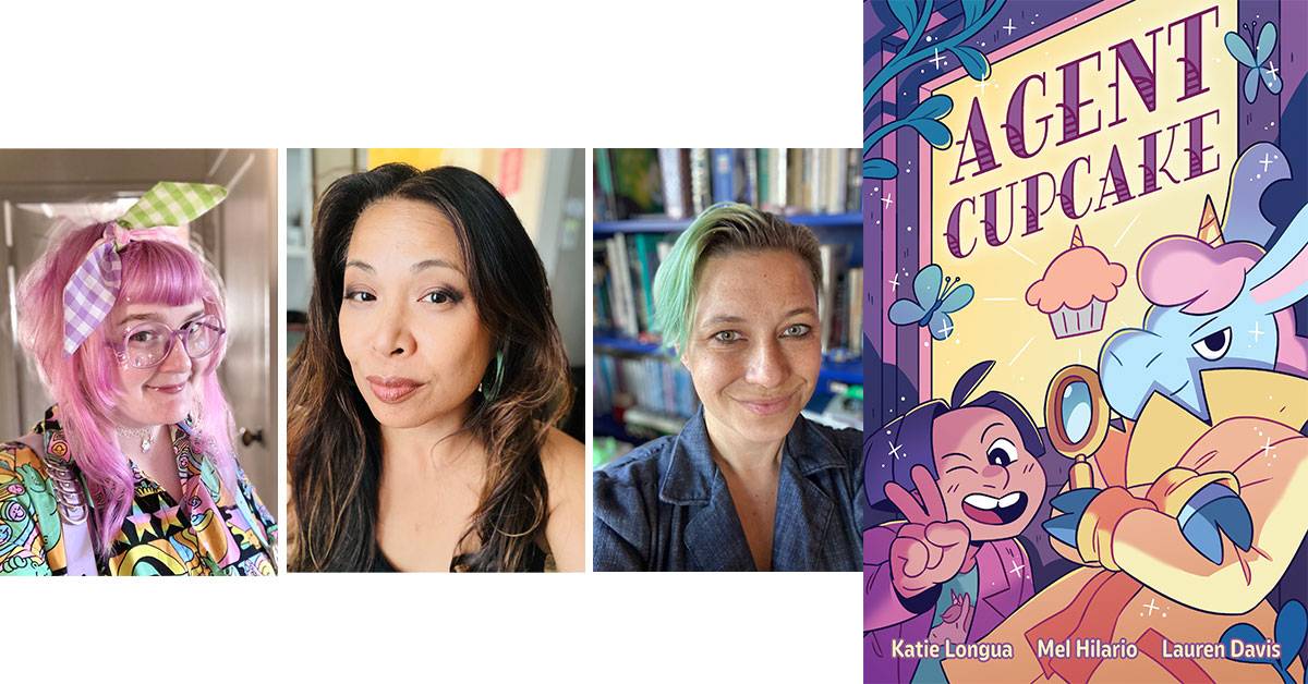 Three women pose for individual portraits, followed by the colorful book cover of "Agent Cupcake" featuring illustrated characters.