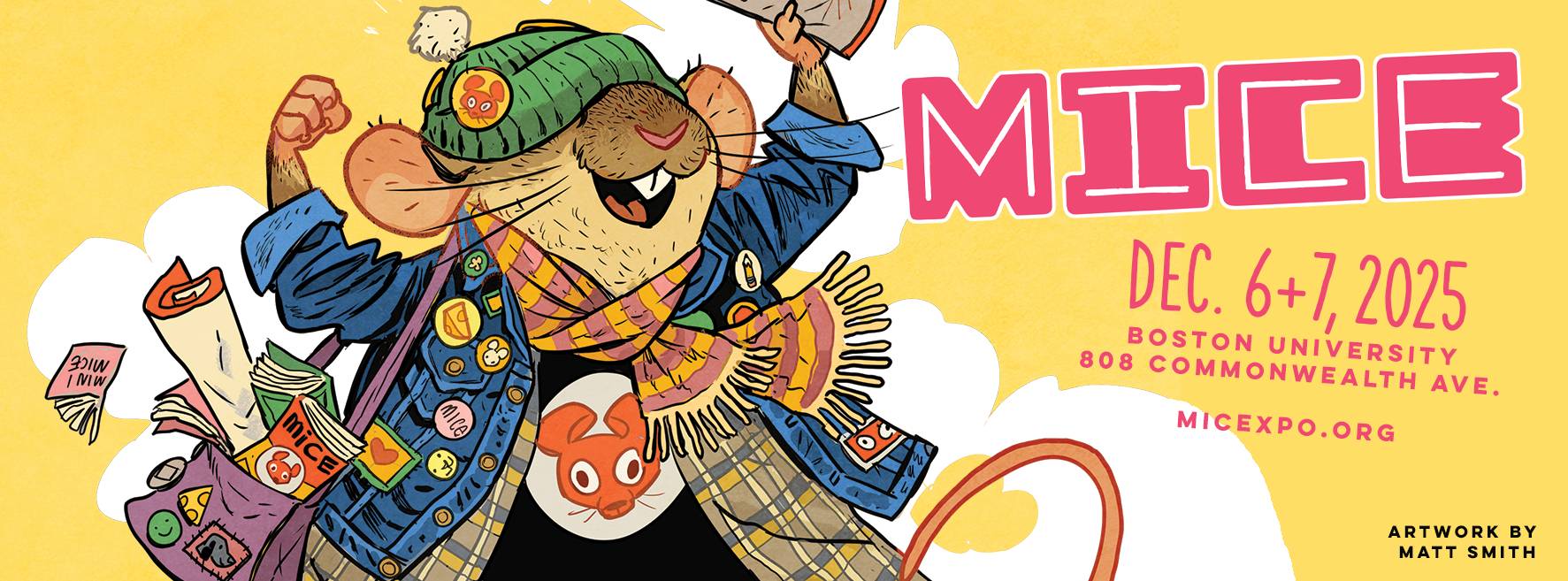 Illustration of a cheerful cartoon mouse wearing a hat, pins, and plaid jacket, promoting MICE event at Boston University on December 6–7, 2025.