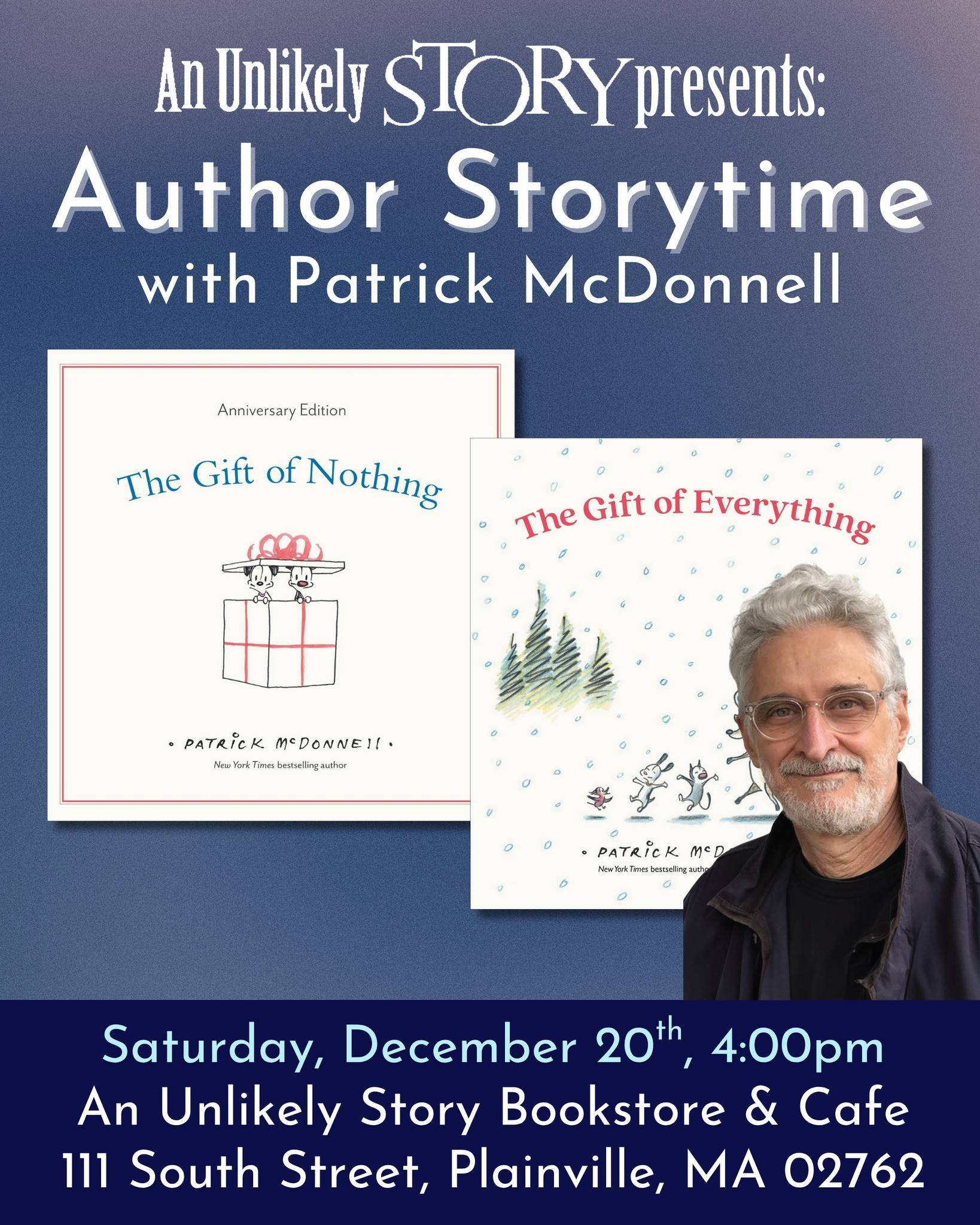 Promotional poster for "Author Storytime with Patrick McDonnell" featuring book covers and event details at An Unlikely Story Bookstore on December 20th at 4:00pm.