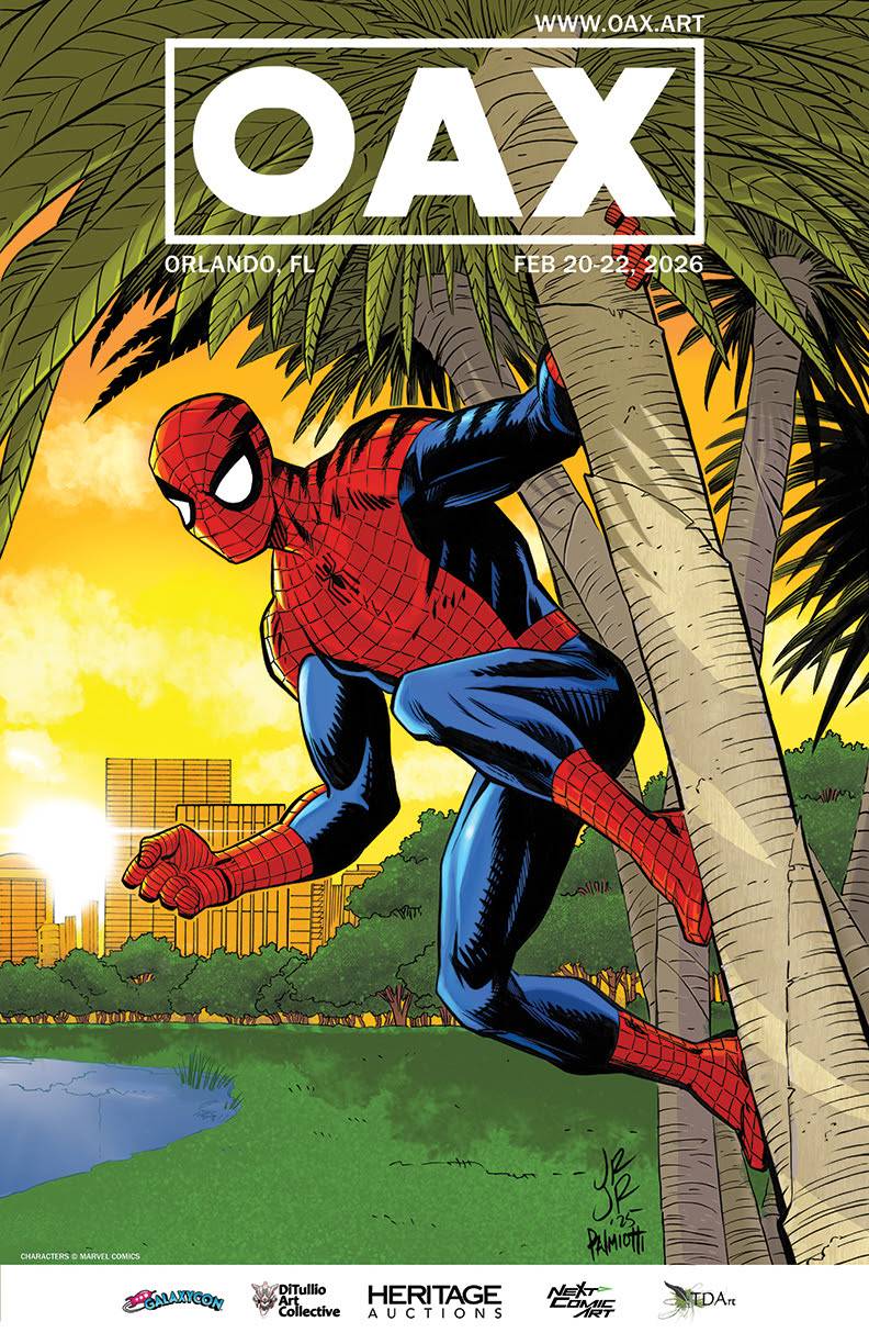 Spider-Man clings to a palm tree in a tropical park with a city skyline in the background; OAX Orlando, FL event details are displayed at the top.