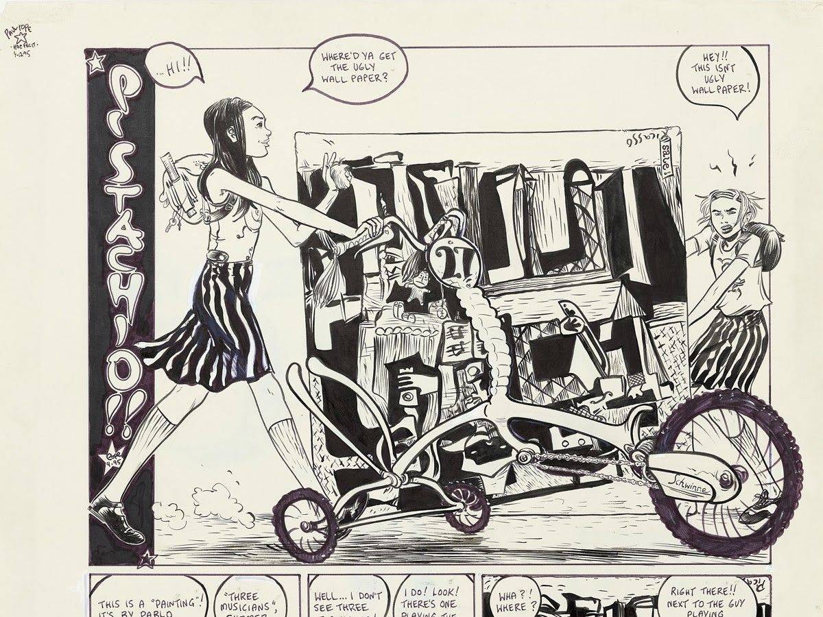 Two girls with bikes converse in front of a large, abstract black-and-white mural with the word "Pistachio!!" and comic-style speech bubbles about wallpaper.