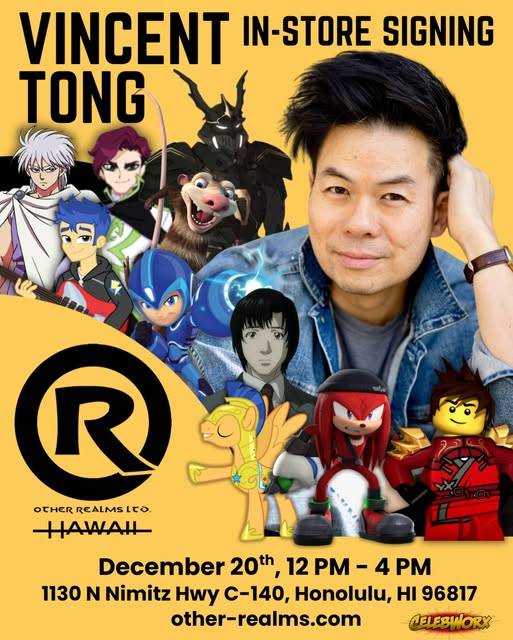 Promotional poster for Vincent Tong's in-store signing event in Honolulu, featuring his photo, animated characters, date, time, location, and event details.