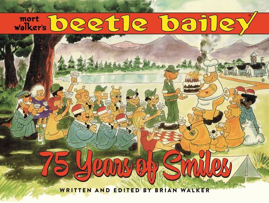Cartoon characters from Beetle Bailey celebrate outdoors with a picnic, with a banner reading "75 Years of Smiles" and the title "beetle bailey" at the top.