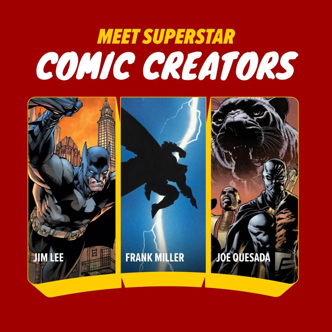 Three comic book panels featuring Batman by Jim Lee, a silhouette by Frank Miller, and Black Panther by Joe Quesada, with the text “Meet Superstar Comic Creators.”.