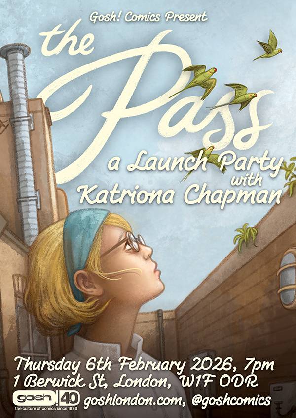 Illustrated poster for a comic launch party, featuring a woman looking up at birds. Event details and title, "The Pass," are written above, with date and location at the bottom.